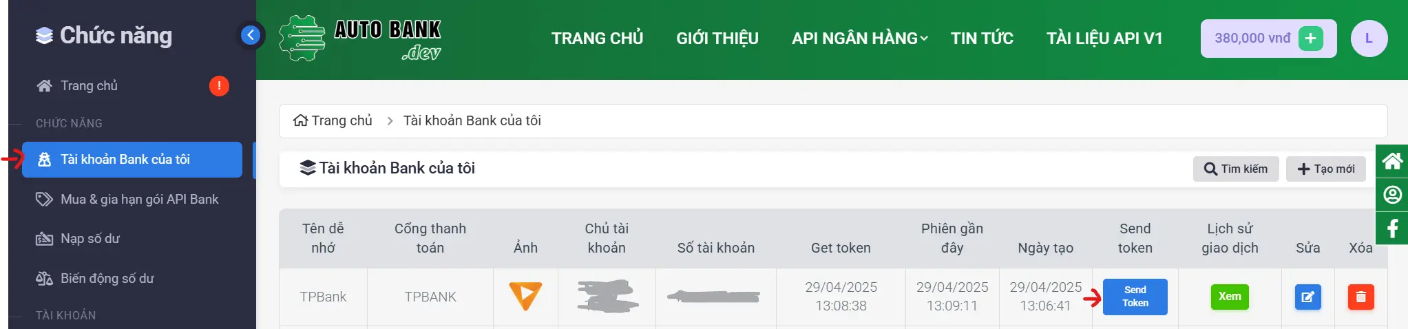 Hướng dẫn send token bank